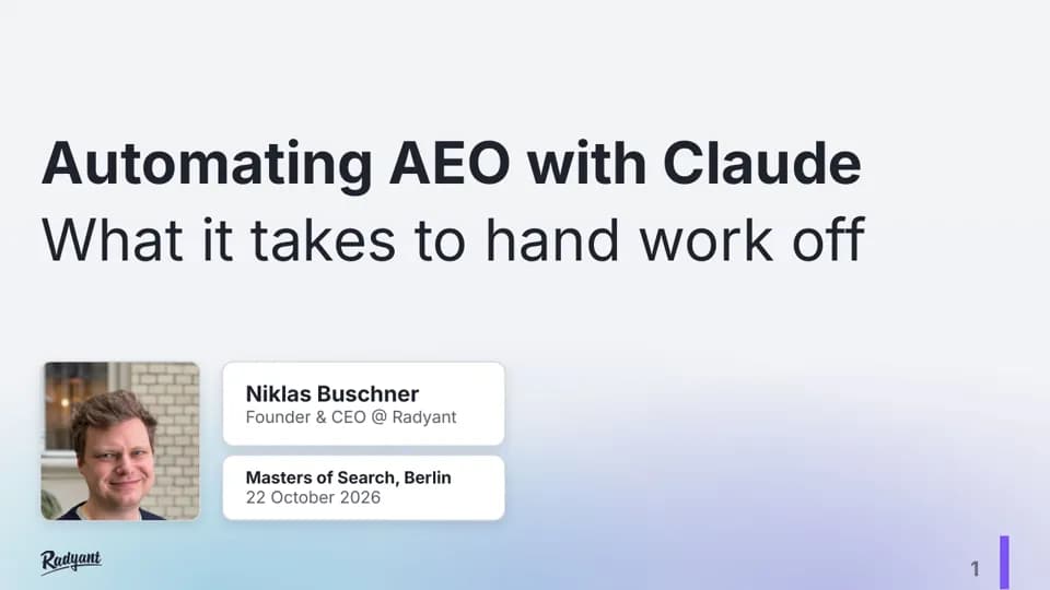 First slide of “Automating AEO with Claude” by Niklas Buschner